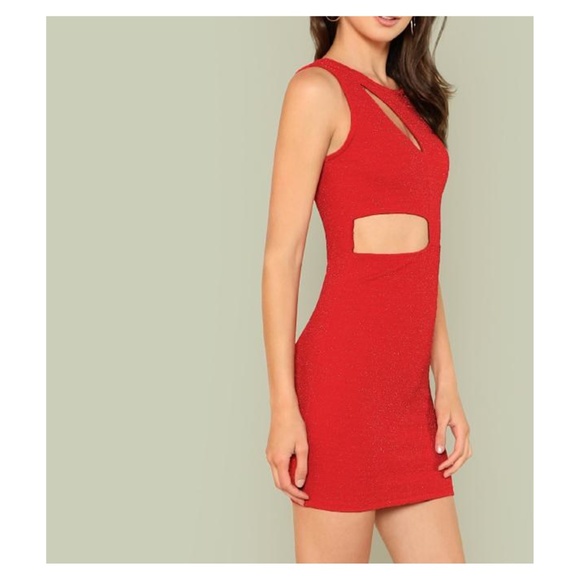 Red Glitter Cut Out Bodycon Mini Dress - Picture 2 of 5